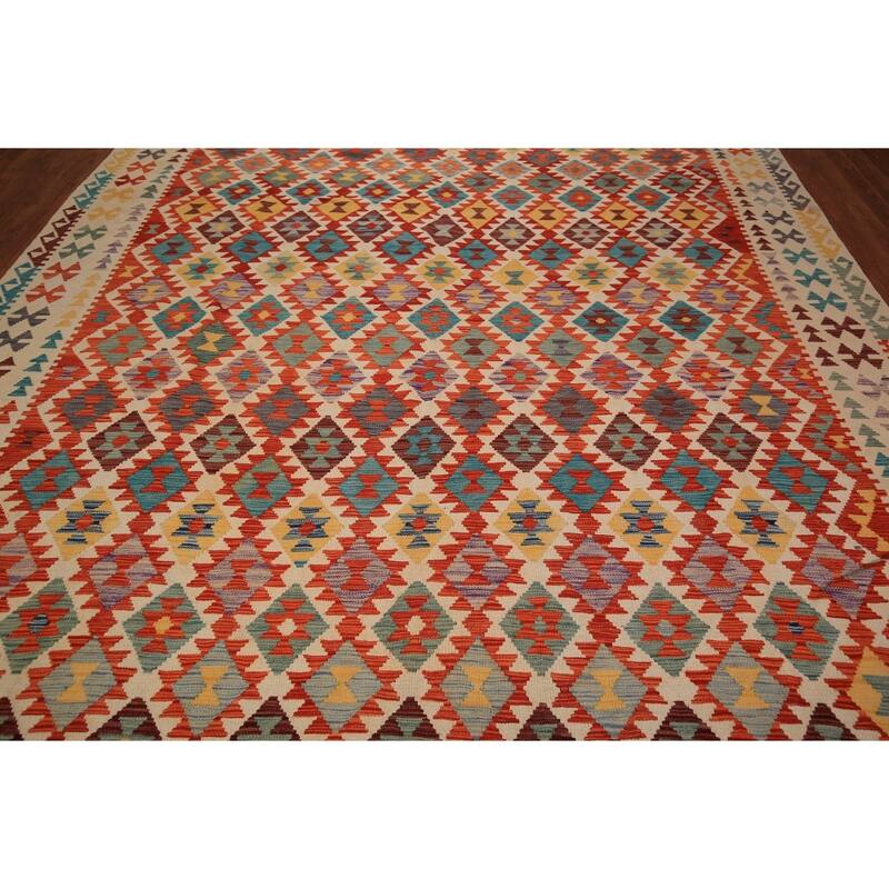 South Western Kilim Oriental Area Rug Flatweave Wool Carpet - 9'7" x 13'3"