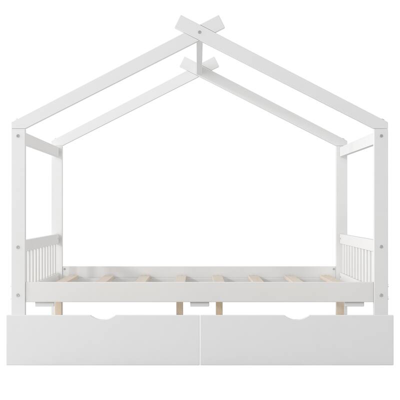 Full Size House Platform Bed with Drawers, Headboard, Footboard, and Roof Design in White