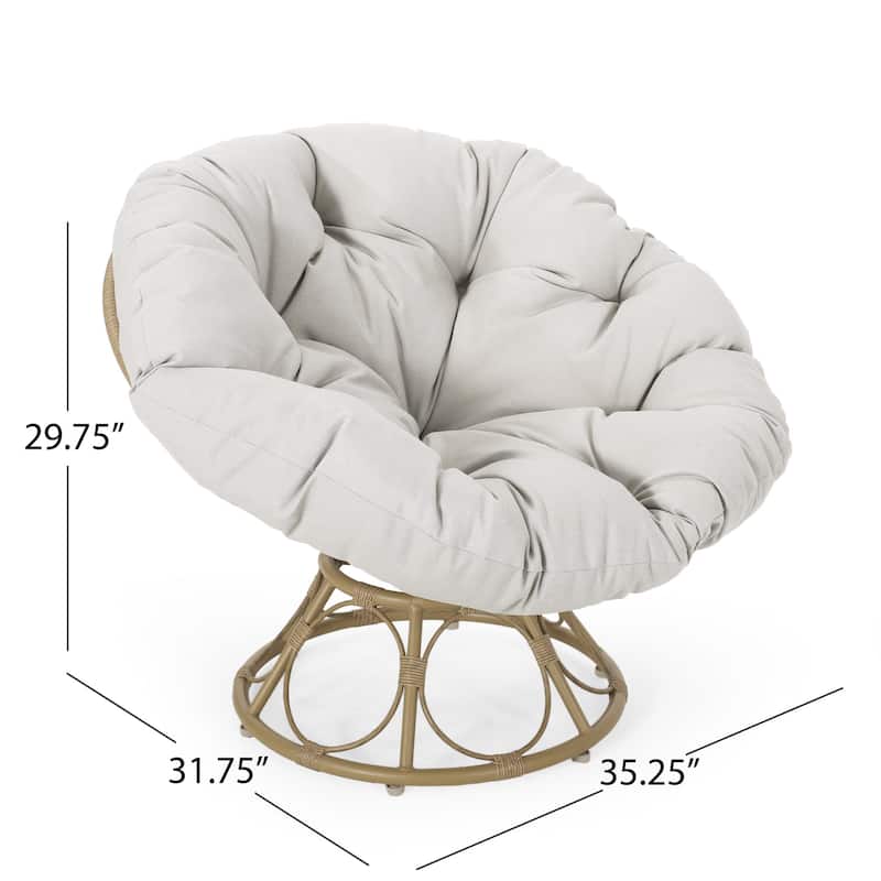 Leos Swivel Outdoor Chair, Soft Gray Polyester Cushion, Brown Rattan