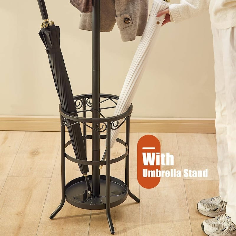 70.5” Tall Metal Entryway Coat Rack Hall Tree with 12 Hooks and Umbrella Stand for Home or Office - 11.2"D x 11.2"W x 70.5"H