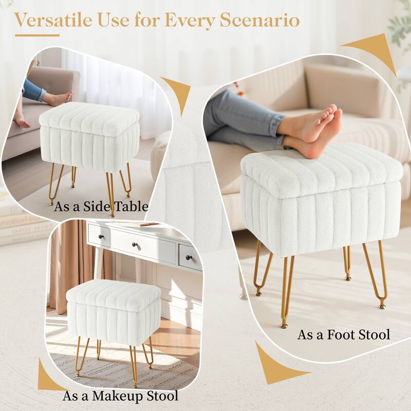 Faux Faric Soft Padded Rectangular Accent Small Ottoman Vanity Stool Chair with Storage & 4 Metal Legs