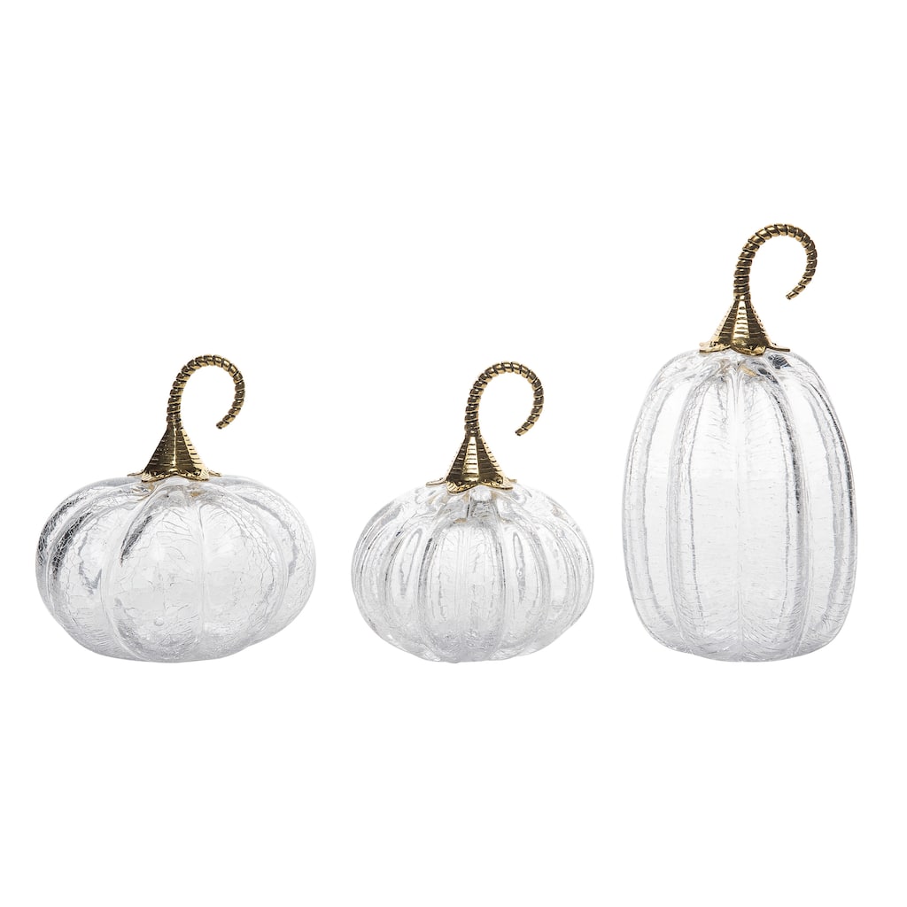 Transpac Glass 9 in. Clear Harvest Crackle Pumpkin with Curled Stalks Set of 3