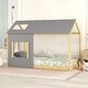 preview thumbnail 1 of 16, Twin Size House Platform Bed with Roof and Window Natural+Grey