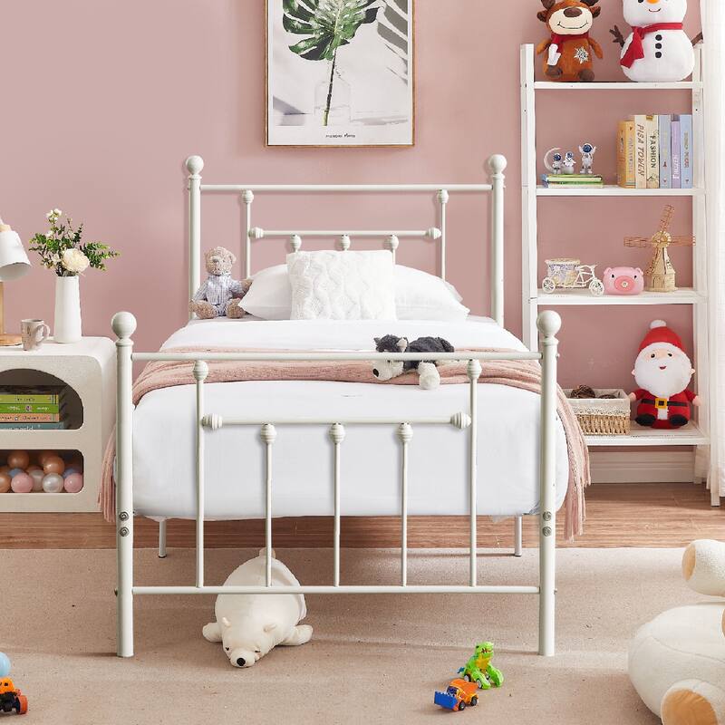 White White Victorian Metal Bed Frame Full Size Heavy Duty Platform Bed Frame with Headboard & Footboard No Box Spring Needed - Twin