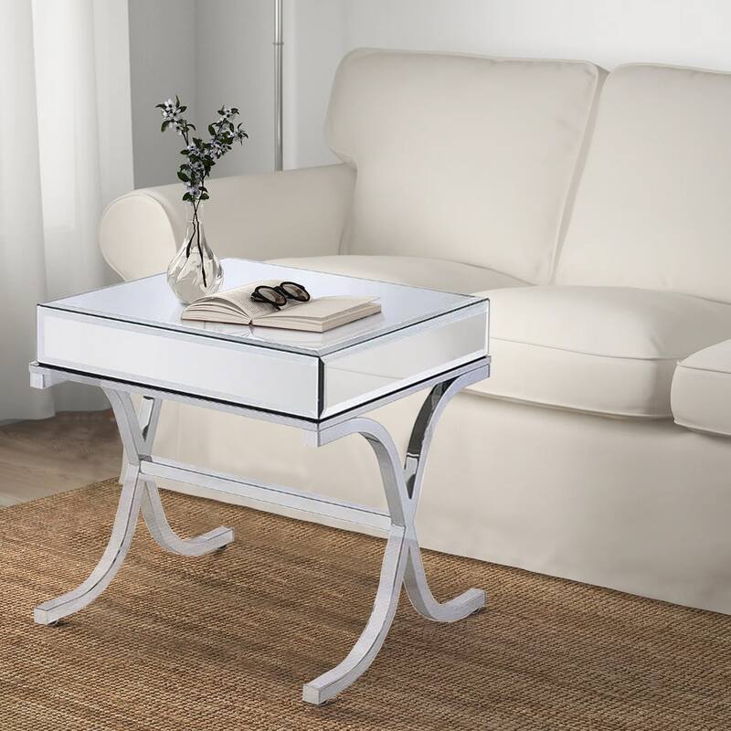 Contemporary Style Metal and Mirror Square End Table, Silver