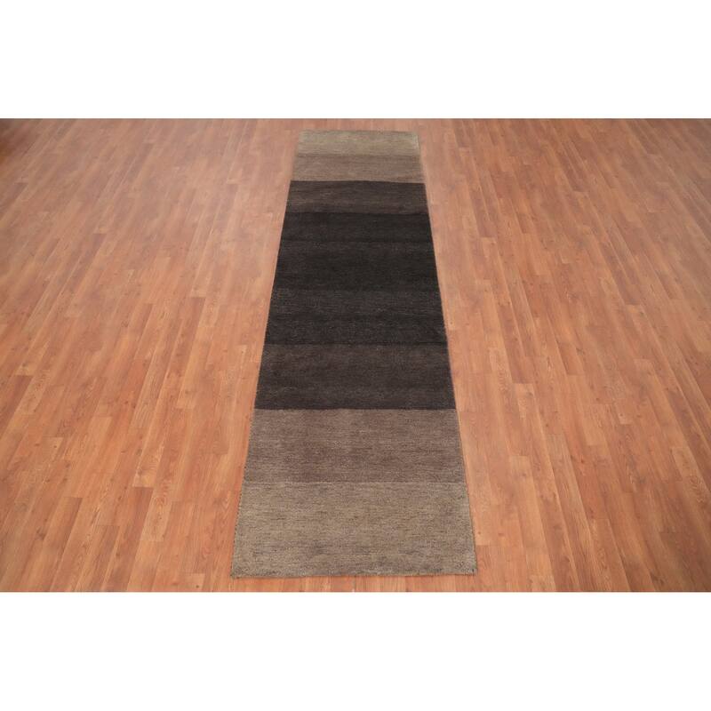 Hand Knotted Oriental 100% Wool Carpet Modern Stripe Brown Gabbeh Runner Rug - 9' 9'' X 2' 9''