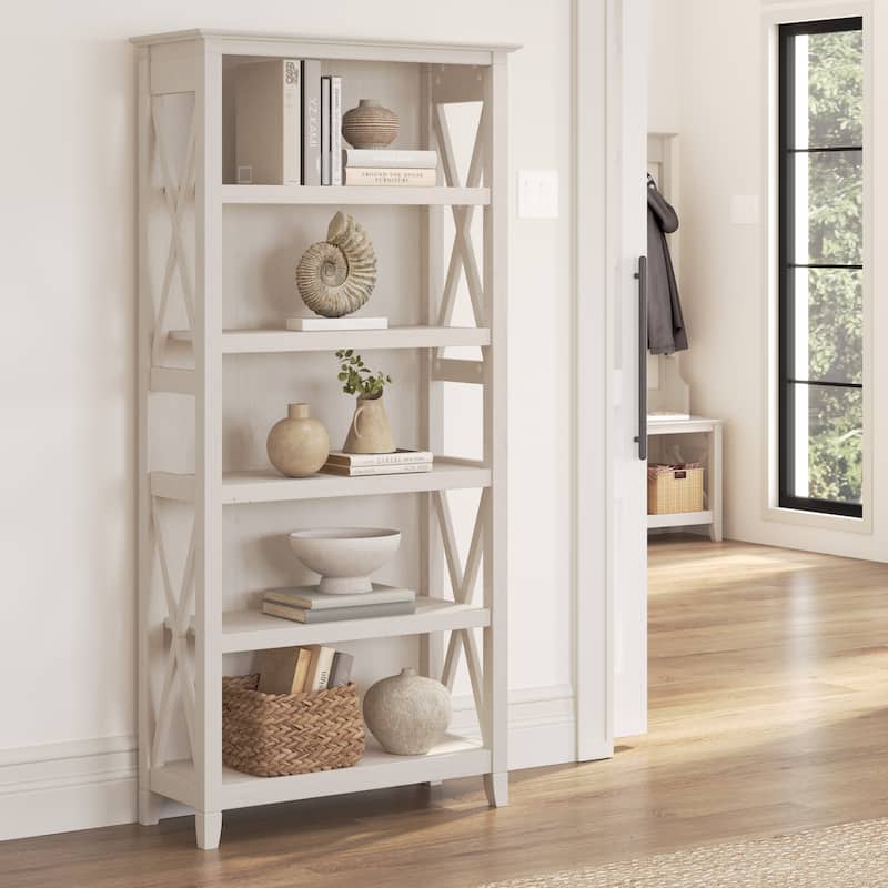 Bush Furniture Key West Tall 5 Shelf Bookcase with Adjustable Shelves - Linen White Oak