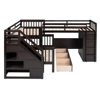 Triple Bunk Beds Twin Over Full L-Shaped Bunk Storage Bed, Black