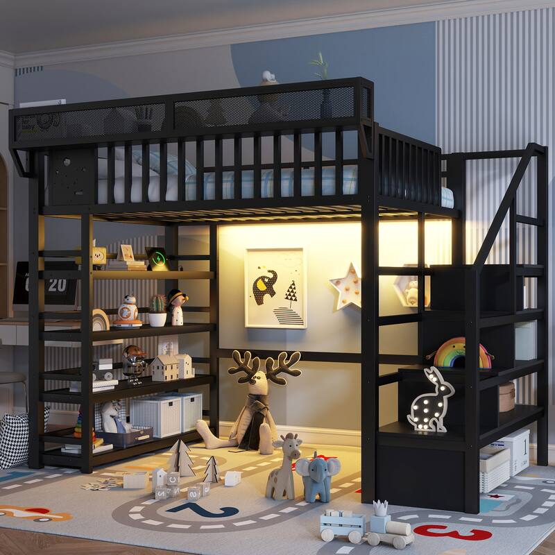Full Size Metal Loft Bed with Charging Station and 4-Shelf Storage, Kids & Teens Loft Bed with Storage Stairs
