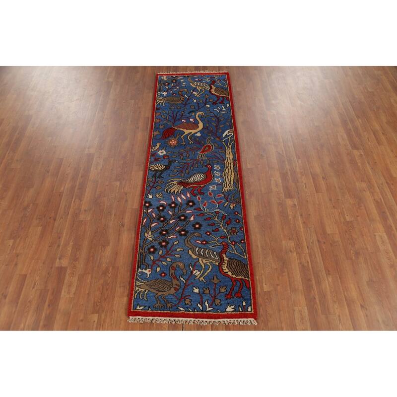 Animals Design Blue Ziegler Indian Runner Rug Hand-Knotted Wool Carpet - 2'6"x 7'11"
