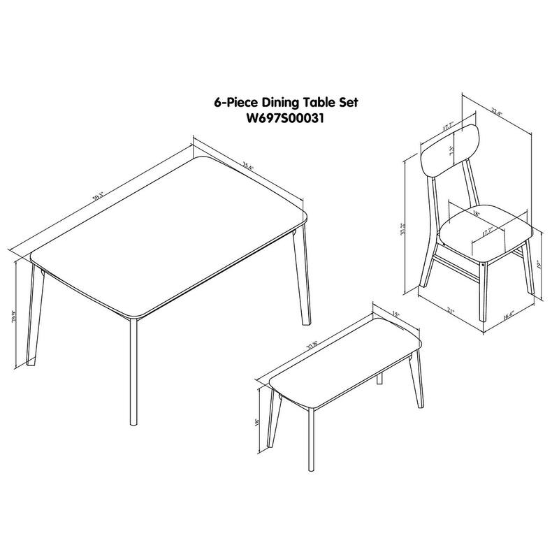 6 Piece Dining Table Set, Wooden Kitchen Table Set with Rectangular Table, 1 Bench and 4 Chairs with Padded Seats