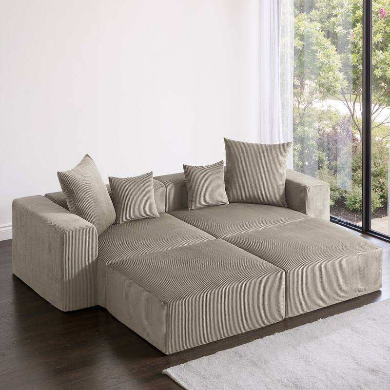 4-Piece Modern Corduroy Modular Sectional Sofa Set with 4 Throw Pillows