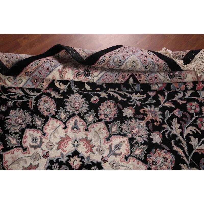 Black Floral Kashan Indian Area Rug Handmade Wool Carpet - 9'2"x 11'10"