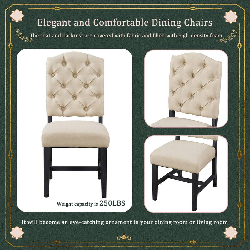 Vintage Set of 4 Dining Chair Set with Button Decorated Upholstered Seats and Wooden Legs for Dining Room and Living Room