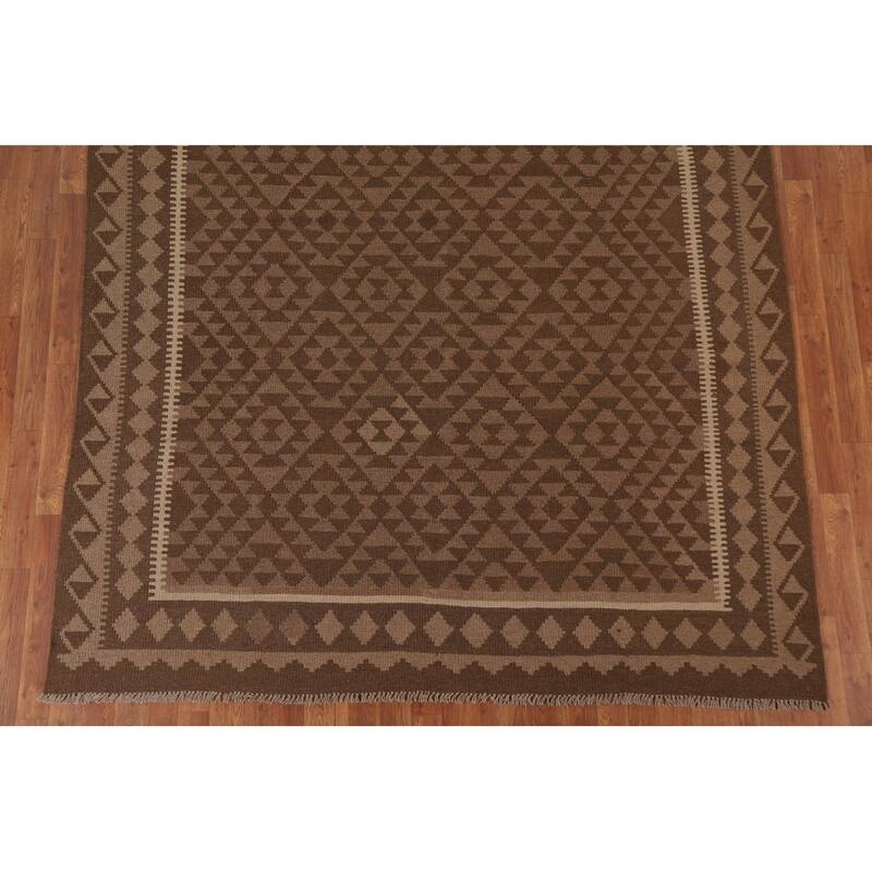 Hand Woven Oriental 100% Wool Carpet Southwestern Geometric Brown Kilim Area Rug - 9' 5'' X 6' 10''