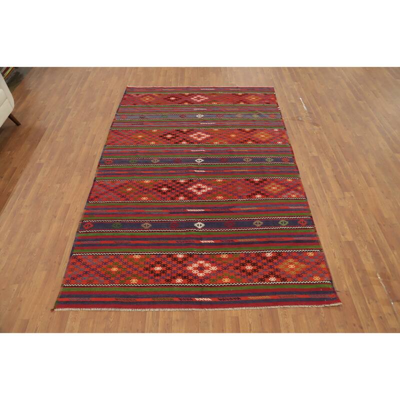 Hand Woven Oriental 100% Wool Carpet Southwestern Tribal Multi-Colored Kilim Area Rug - 9' 6'' X 6' 1''