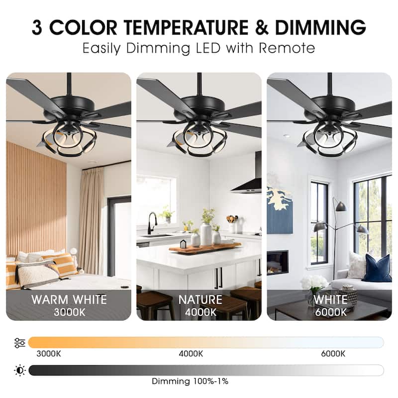 52" Modern Chrome/ Black Indoor Dimmable LED Ceiling Fan with Light and Remote