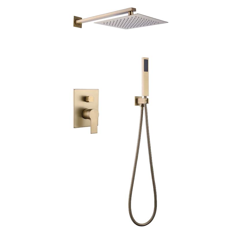 Brushed Gold 1-Spray Square Wall Bar Shower Kit with Hand Shower - 10 inch