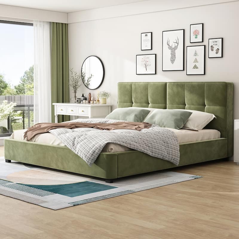 King Size Upholstered Platform Bed with Curved Tufted Headboard