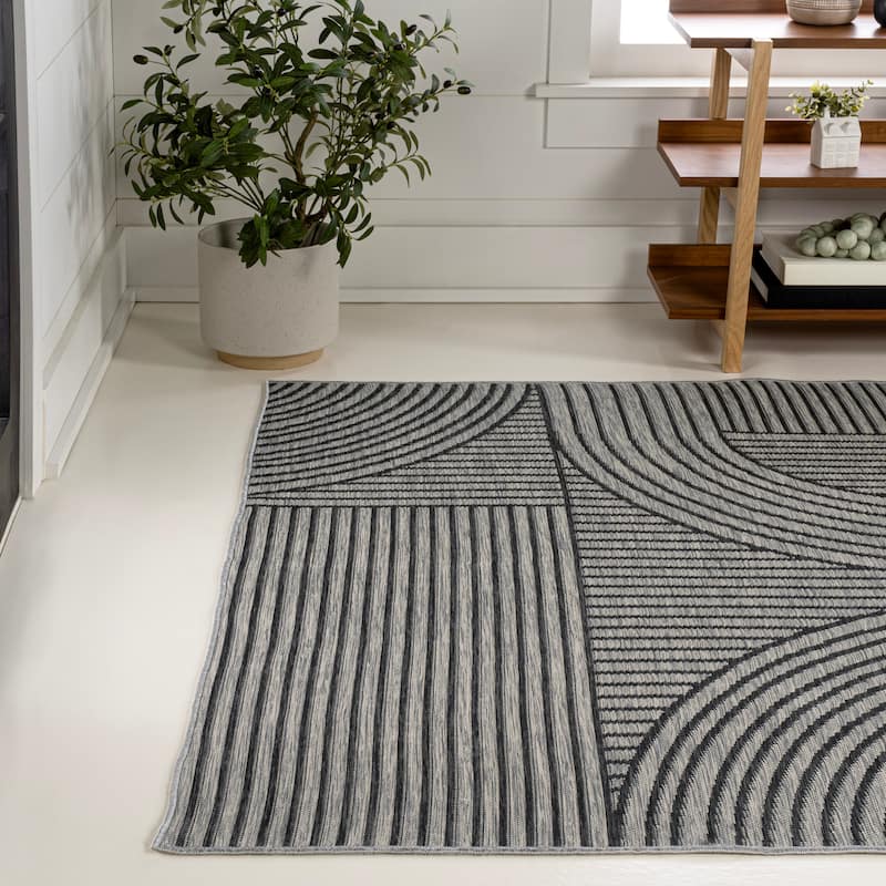 JONATHAN Y Reversible Bijan Mid-Century Modern Arch Stripe Machine-Washable Cream/Beige Indoor/Outdoor Rug