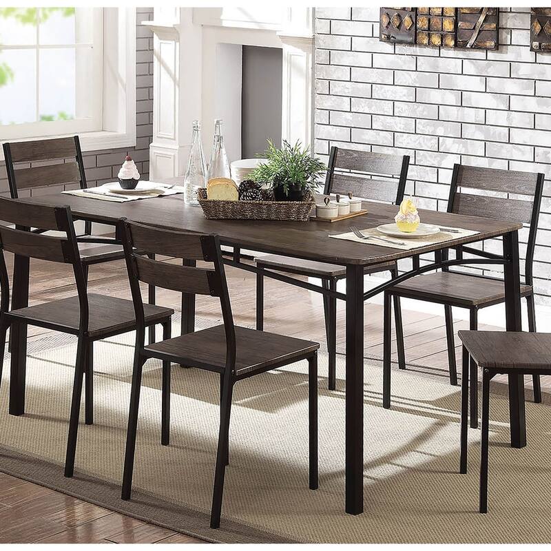 Simple Black Metal Frame Dining 7pc Set Wooden Table Top Dining Table 6x Side Chairs Dining Room