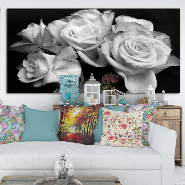 Bunch of Roses Black and White - Floral Canvas Art Print - 60 in. wide x 28 in. high