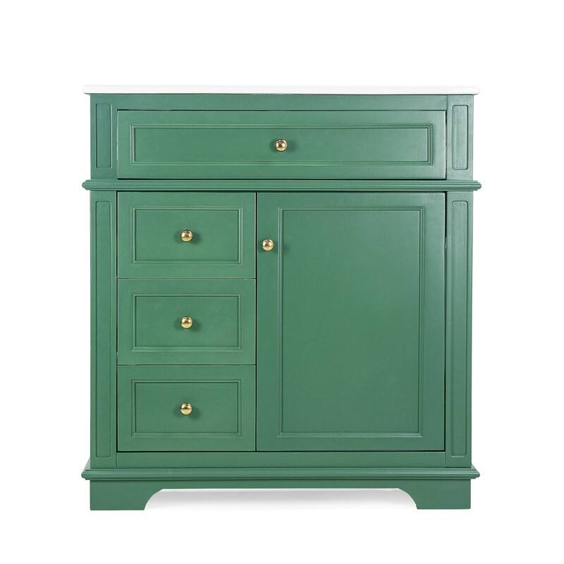 30" Bathroom Vanity with Ceramic Sink, Bathroom Vanity Cabinet with 3 Drawers, 1 Tip-out Drawer, Door Shelf & Soft Closing Door