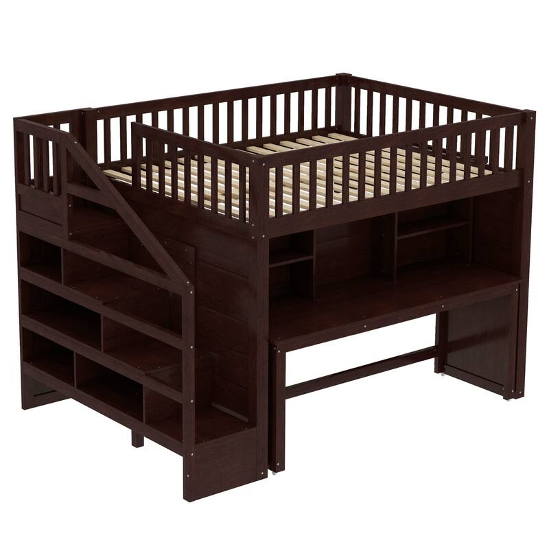 Espresso Loft Bed with Desk Bookshelf Storage Stairs Wood Loft Bed Frame