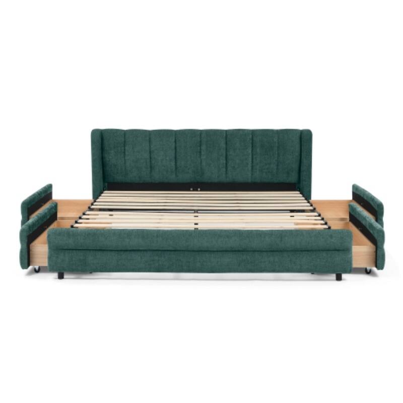 Queen Upholstered Bed Frame with Storage Drawer, Thick Padded Headboard & Solid Frame in Chenille Fabric