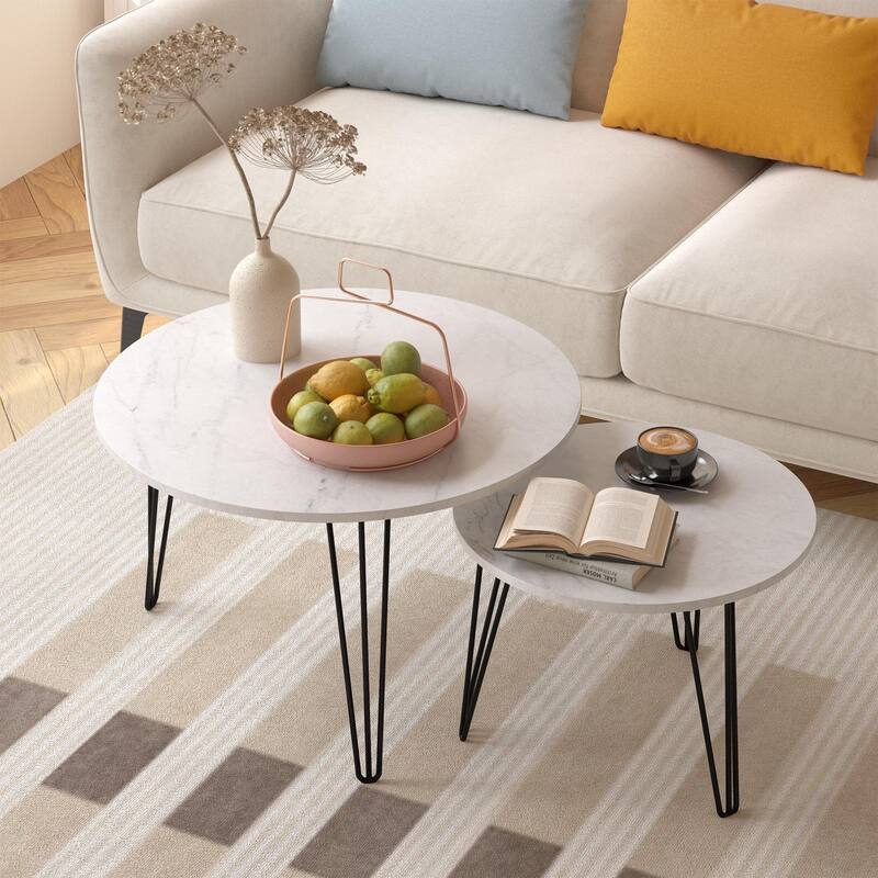 Round Nesting Table End Table White Sofa Side Table Set of 2