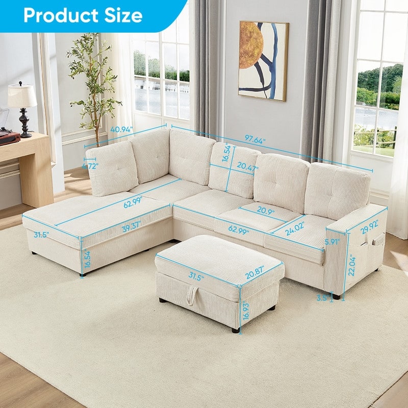 Mixoy 98’‘Multi-Functional Corduroy Upholstered Sofa Bed with Foldable Backrest Converts toTable,Cup Holde,Storage Ottoman