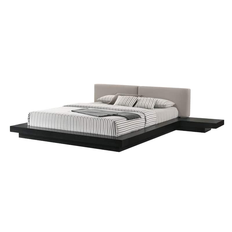 HomeRoots Black and Gray Wood And Faux Leather Queen Bed Frame With Attached Nightstands