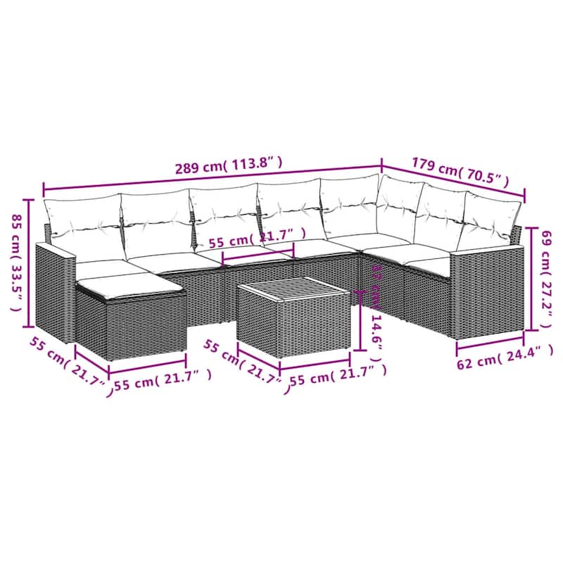 vidaXL Patio Sofa Set with Cushions Outdoor Conversation Furniture Poly Rattan - 21.7 x 21.7 x 14.6 in