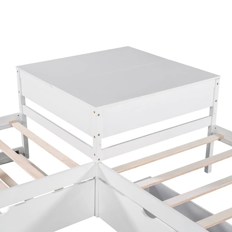 Twin Size L-Shaped Corner Platform Beds with Trundle and Drawers Linked with Built-in Desk
