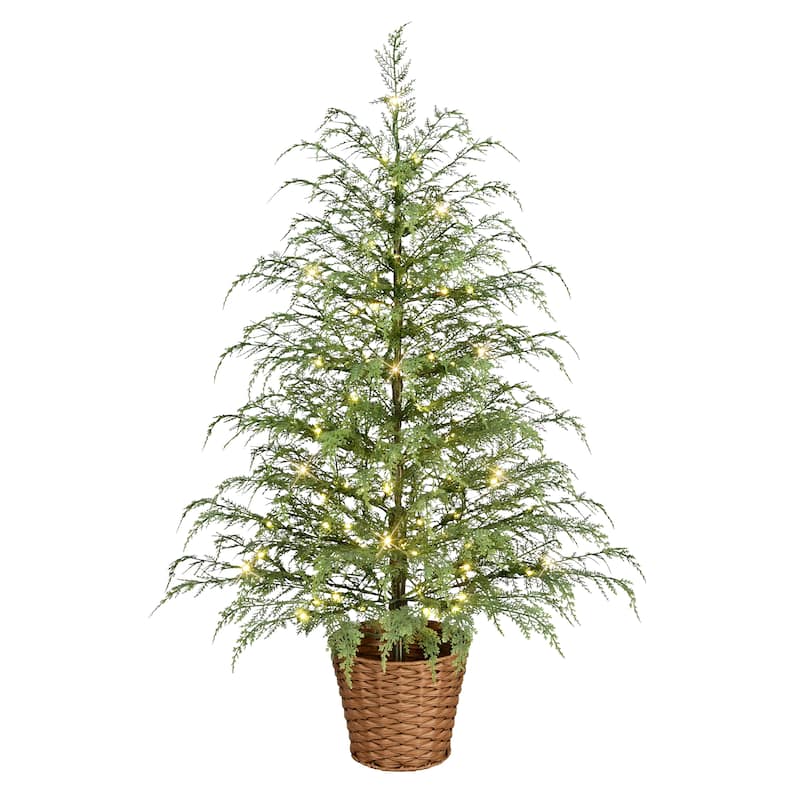 Puleo International 4 ft. Pre-Lit Potted Mountain Cedar Artificial Christmas Tree - 4 Foot - Green