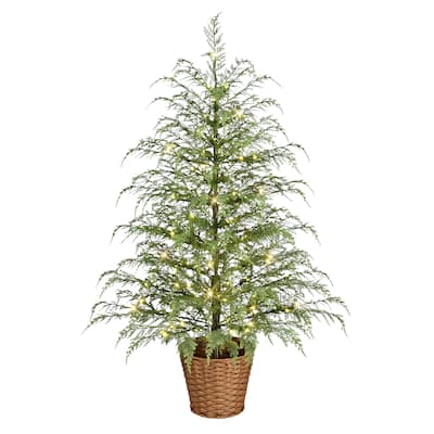 Puleo International 4 ft. Pre-Lit Potted Mountain Cedar Artificial Christmas Tree