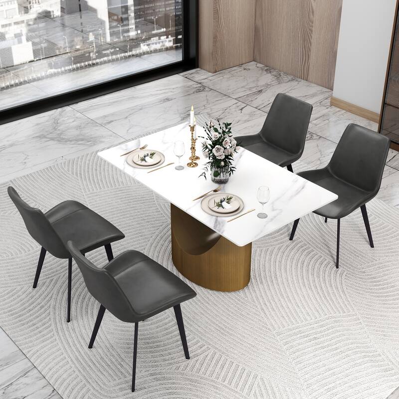 White 55 Inch Sintered Stone Kitchen Table with Solid Carbon Steel Base, Minimalist Sintered Stone Tabletop for Dining Room - White