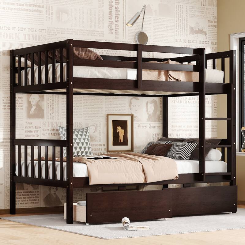 Rubber Wood Frame Bunk Beds with Wheels, Ladder and Safety Guardrails Convertible into 2 Beds - Available with Drawer or Trundle