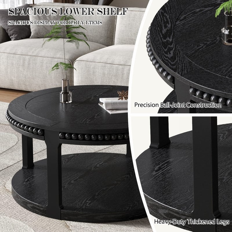 Round Solid Wood Coffee Table, Two-Tier Design with Sturdy Construction for Living Room Elegance