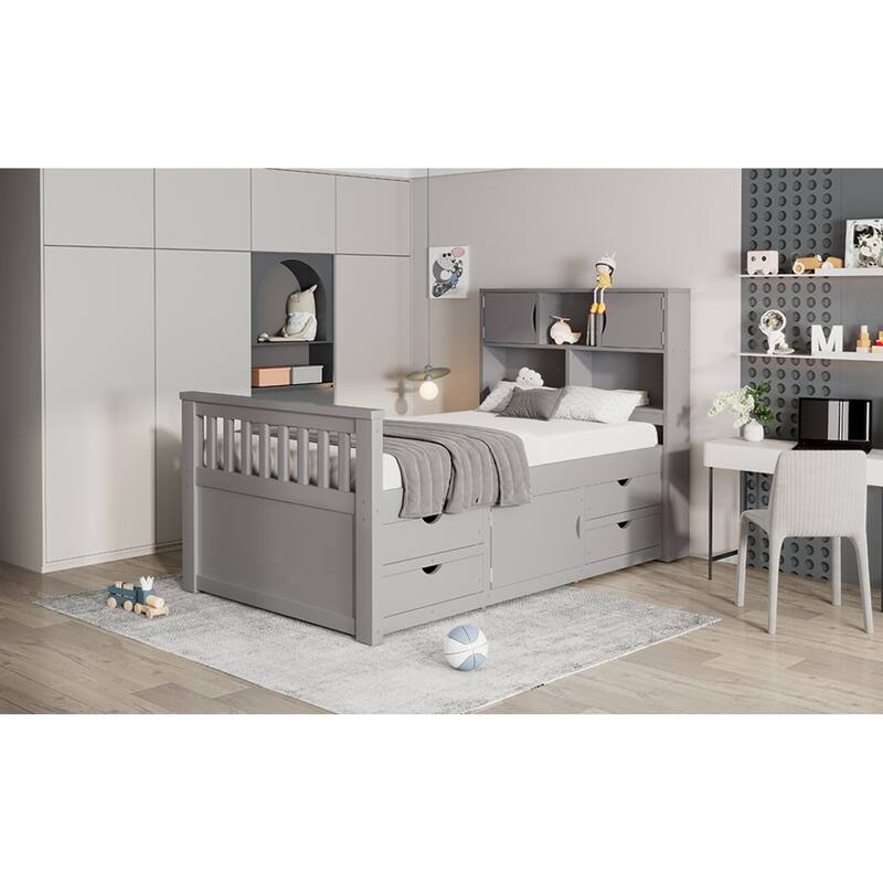 Roomfitters Twin Captain Platform Bed with Bookshelf Headboard and 4 Drawers