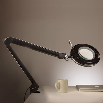 Brightech Lightview Pro 33" Classic Black Plug-in Adjustable Swing Arm Integrated 2.25X Magnifying Dimmable LED Desk Clamp Lamp