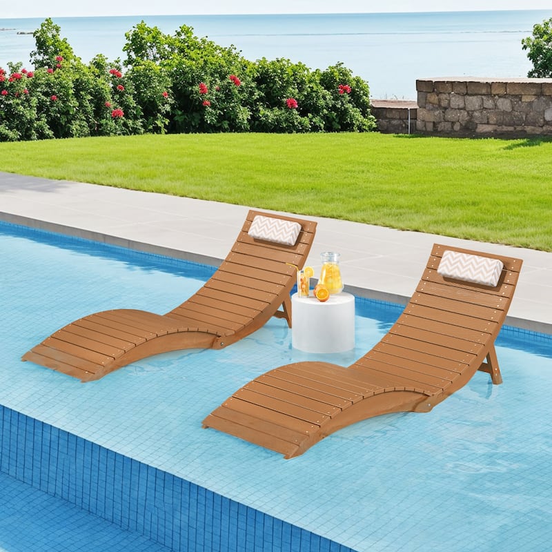 1-Piece Folding HDPS Plastic Outdoor Pool Chaise Lounge with Headrest Cushion - Teak