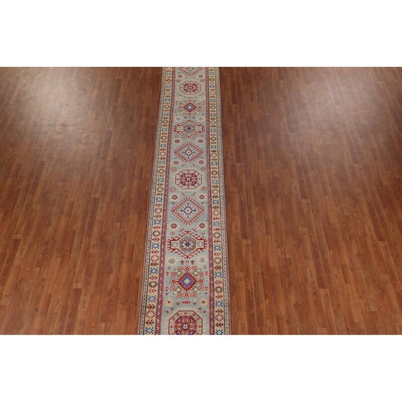 Geometric Kazak Oriental Runner Rug Hand-Knotted Grey Wool Carpet - 2'7" x 16'0"