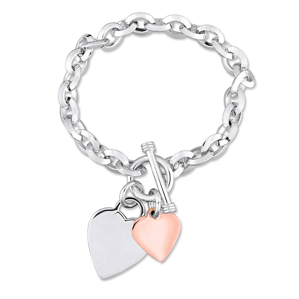 Miadora 2-Tone White and Rose Plated Sterling Silver Double Heart Charm Bracelet