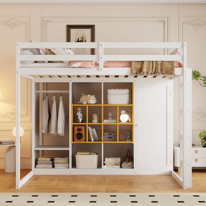 Full Size Wood Loft Bed with Wardrobe, shelves and Cabinet, White+Yellow