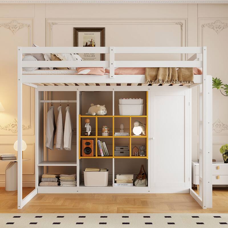 Twin/Full Size Versatile Loft Bed with Wardrobe, Storage Bed Frame with Multi-Shelves and Clothes Hanging Rod