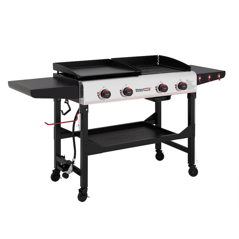 Royal Gourmet 4-Burner Portable Flat Top Gas Grill and Griddle Combo Grill with Folding Legs, Black & Silver