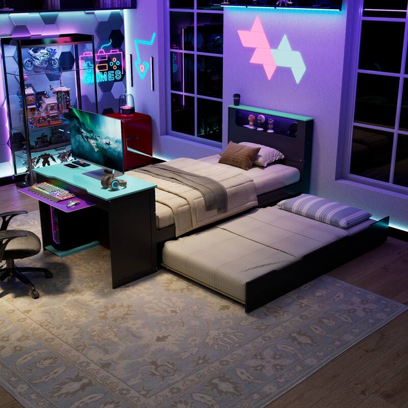 Wood Daybed with Trundle & Built-in Desk, LED Lights & USB Charging Port, Available in Full or Twin - Blue - Twin