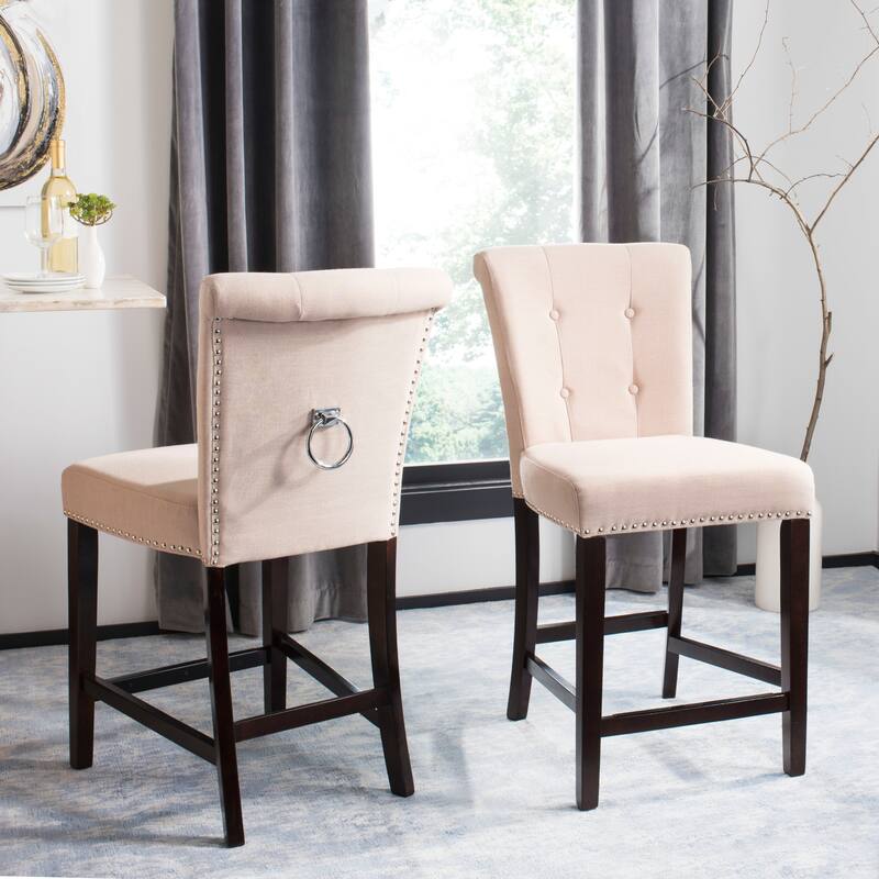 SAFAVIEH Maruse 26-inch Tufted Counter Stool (Set of 2) - 20" x 26.5" x 40.5" - 20Wx27Dx41H - Beige/Chrome Nh+Ring/Espresso Legs
