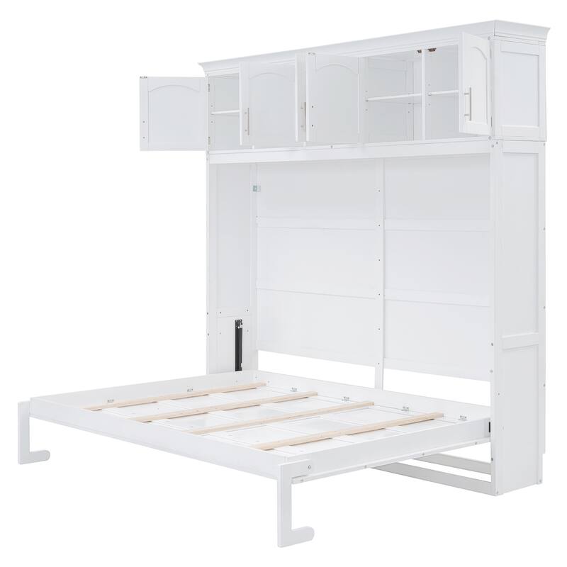 White Full Size Modern Style Multi-function Murphy Bed with Top Cabinets for Small Apartment or Studio